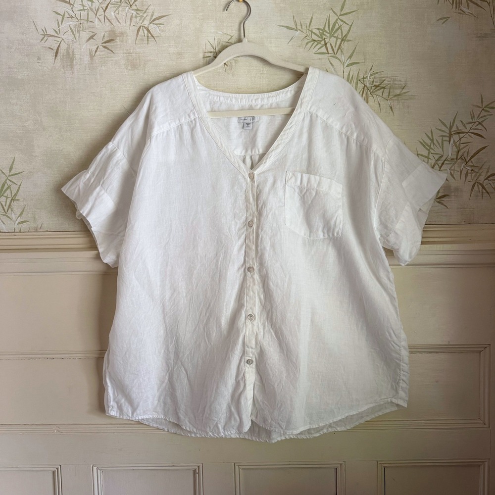 J. Jill Love Linen White Short Sleeve Button Down Top V-Neck Blouse - XL